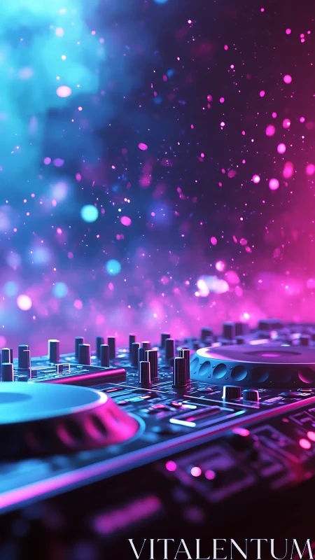 Neon DJ controller glows under bokeh particles in shallow focus