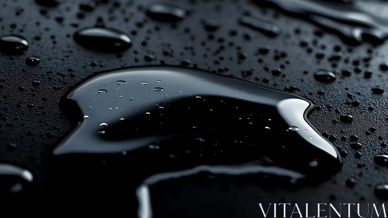 Gleaming dark water droplets resting on a smooth surface.