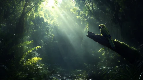 Solitary green parrot on fallen branch in dense rainforest.