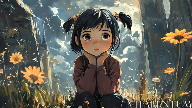 Tiny daydreamer steadies a wild meadow of painted light