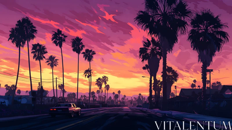 Sunset street with palm trees and car under vivid sky.