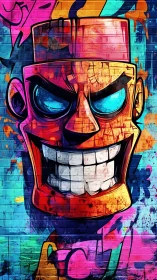 Vivid graffiti face grins fiercely across textured brick wall
