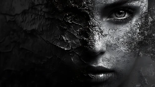Monochrome cracked portrait merging face with eroded wall