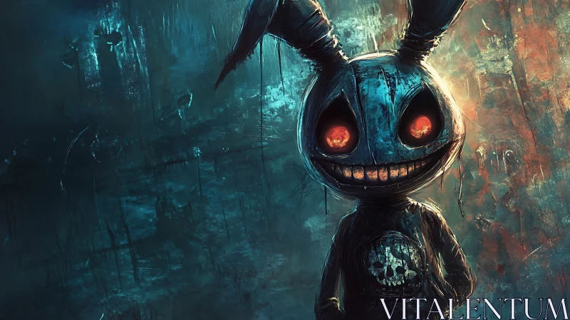 Robotic rabbit figure with glowing eyes in dark setting.