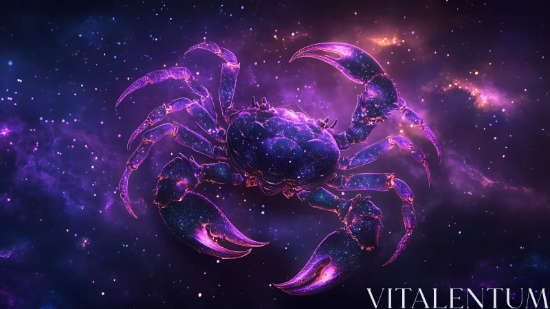 Celestial neon crab silhouette glows against deep cosmic nebula