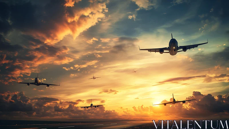 Passenger jets aligned over runway in dense sunset traffic.