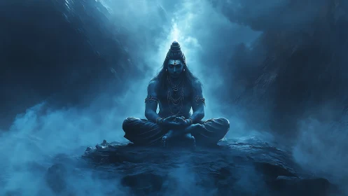 Blue divine yogi meditates on misty mountain summit