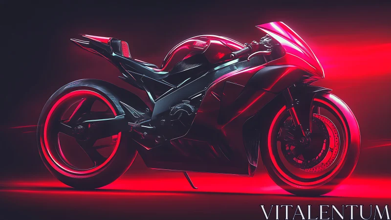 Futuristic racing motorcycle glows in neon red light.