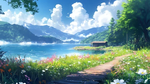 Sunlit lakeside path winds toward a quiet wooden cabin.