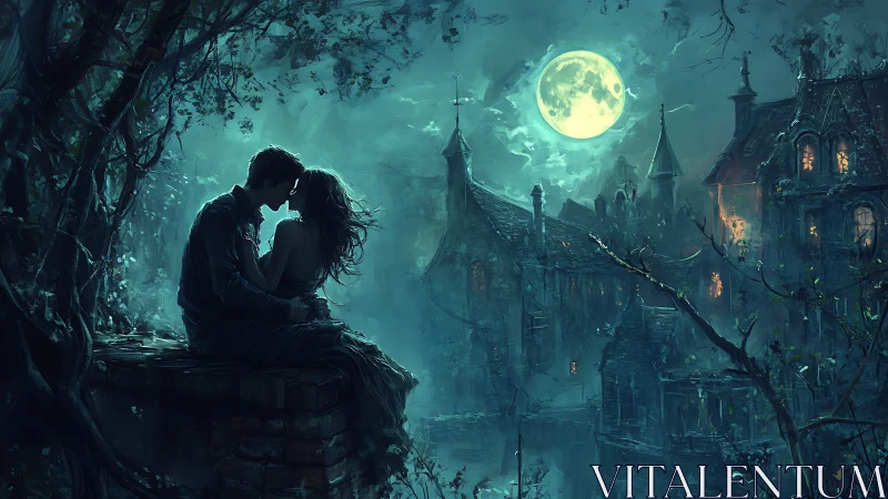 Moonlit Gothic Citadel: Silhouetted Romance Under Luminous Celestial Sphere