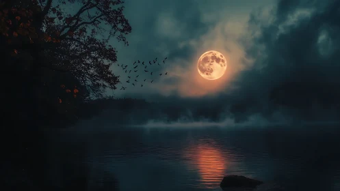 Full moon glows over misty lake, casting an eerie reflection