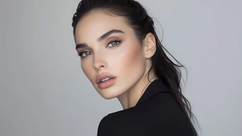 Neutral studio portrait of woman in black blazer profile.