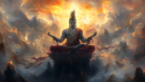Celestial deity meditates amid blazing storm clouds