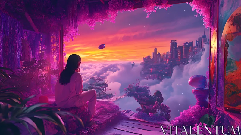 Solitary figure observing a neon sky city above cloud seas