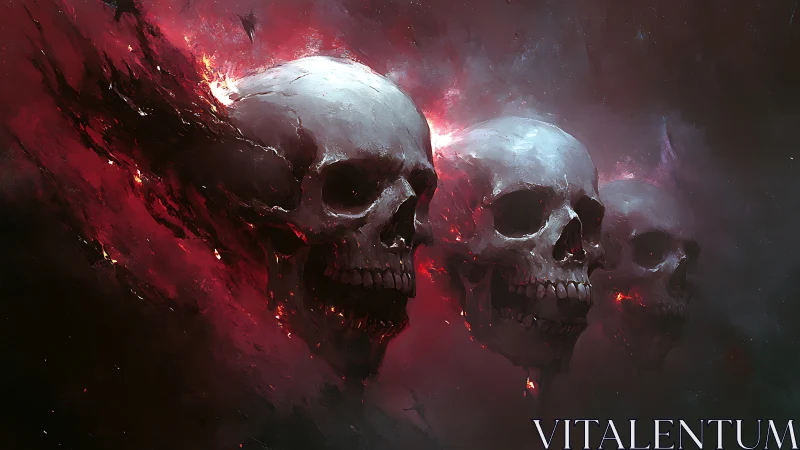Three spectral skulls drift through crimson cosmic smoke