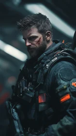 Brooding futuristic soldier ready for the next mission.