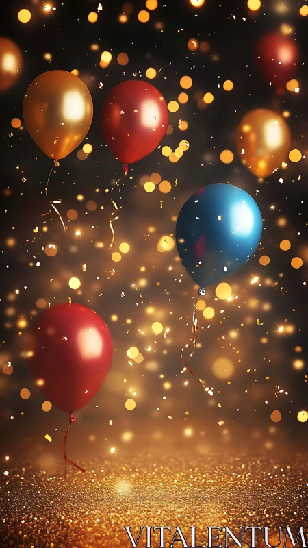 Metallic Balloons Against Bokeh Lights: Warm Gold and Cool Blue Reflections.