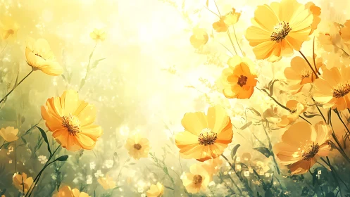 Backlit yellow wildflowers in diffuse golden atmospheric glow