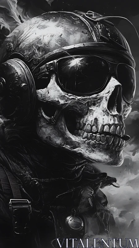 Skull-faced pilot in smoky monochrome flight gear stares out.
