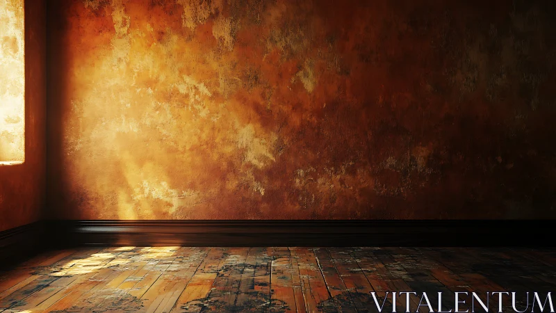 Sunlit textured wall warms an empty rustic interior space.