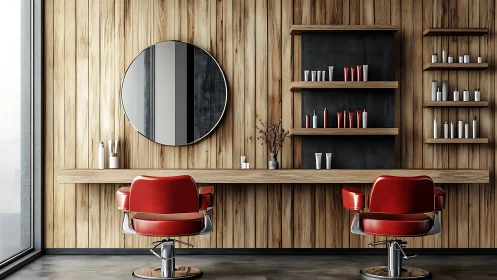 Crimson salon thrones in a wood-wrapped modern grooming haven.