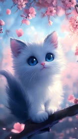 White Cat with Blue Eyes Among Pink Blossoms