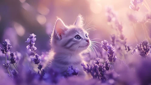 White Kitten in Lavender Field at Golden Hour.
