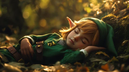 Elf child rests in golden forest light after gentle adventure