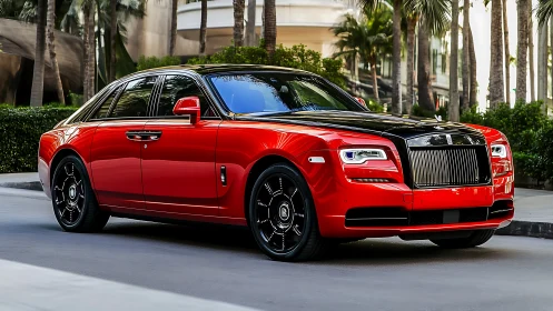Photorealistic red Rolls-Royce sedan with gloss-black accents.