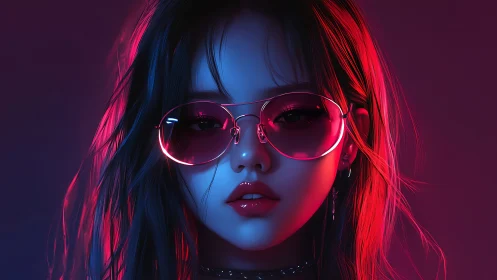 Neon-lit girl in pink sunglasses radiates cool urban mystery
