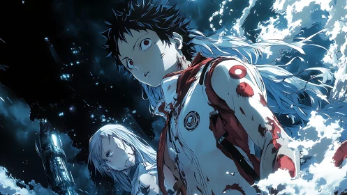 Bloodstained anime protagonists stand in stormy blue chaos