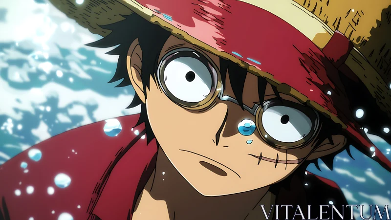 Anime close-up portrait with dynamic water droplet accents.