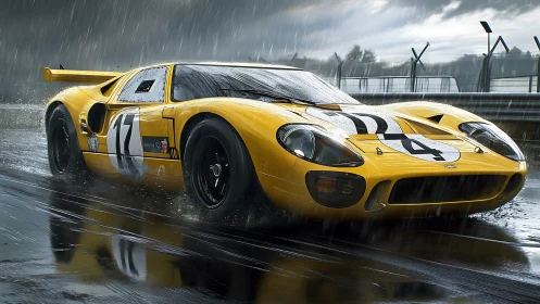 Rain-slashed yellow racer carving sparks across wet asphalt.