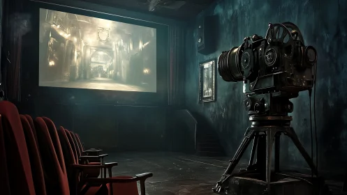 Vintage film projector glows in a moody empty cinema hall