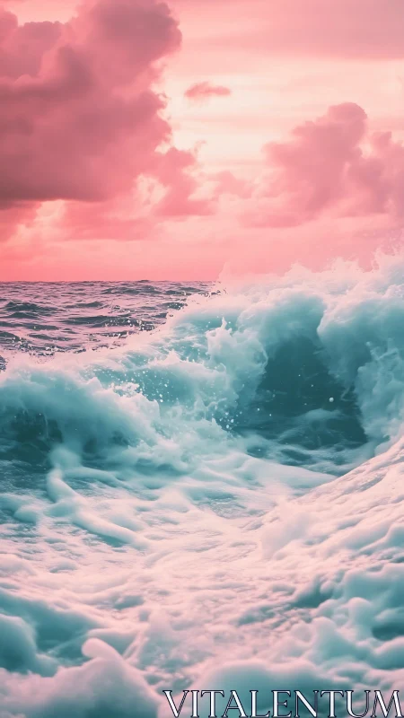 Sunlit turquoise waves crash under dreamy pink clouds.