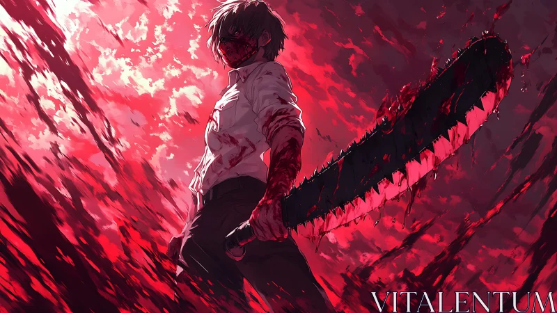 Blood-soaked swordsman stands beneath a raging crimson sky.
