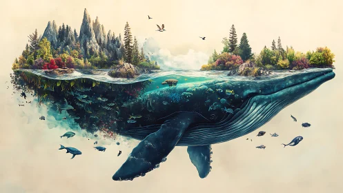 Whale island ecosystem rendered as surreal marine landscape.