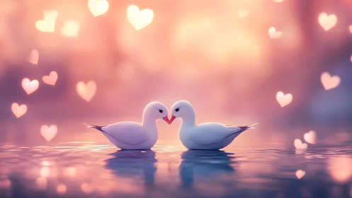 Two white doves forming a heart shape with bokeh background.