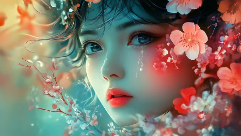 Blossom-kissed dreamer gazes softly through shimmering tears
