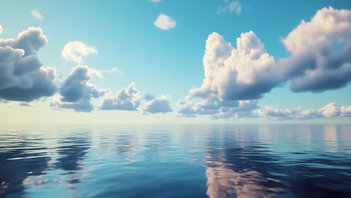 Hyperreal seascape renders cumulus cloudscape over calm horizon