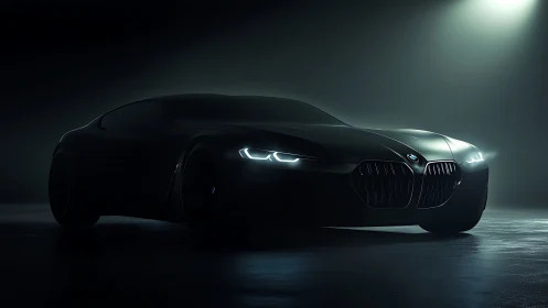 Midnight sports coupe under cinematic spotlight glow.