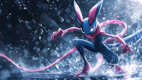 Water-slick ninja creature slices moonlit spray with neon grace