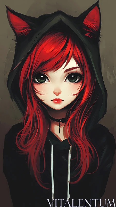 Red haired cat-hood girl holds a quiet, enigmatic gaze