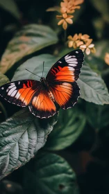 Orange butterfly rests on lush green leaf in soft focus.