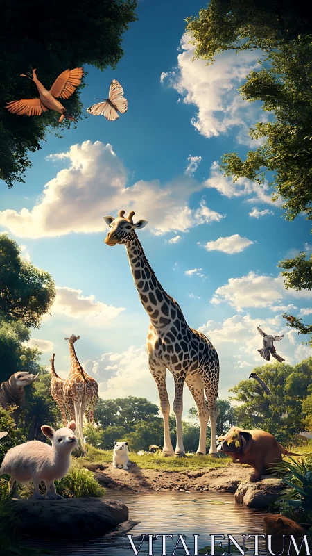 Gentle giraffes gather at a sunlit forest watering hole