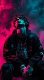 Neon-drenched rebel broods beneath electric crimson clouds.