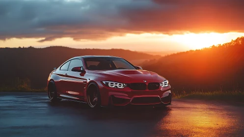 Photorealistic red coupe at dramatic sunset horizon line.