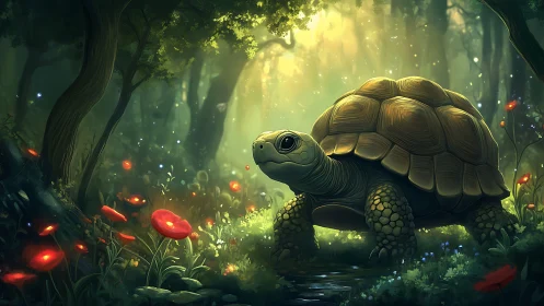 Tortoise in sunlit forest clearing with red wildflowers.
