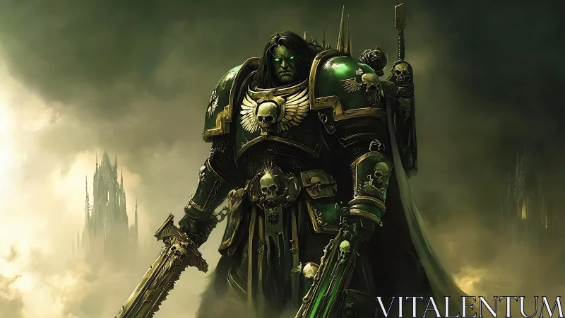 Armored warrior in baroque power suit within toxic gothic fog