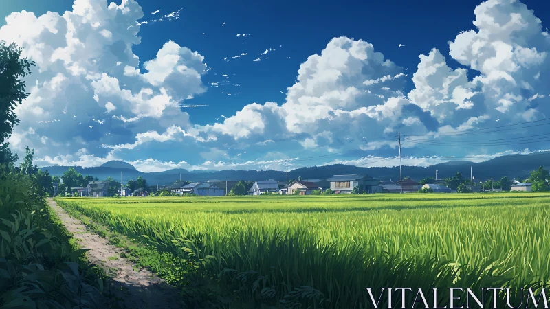 Summer rice fields under towering clouds in rural town.